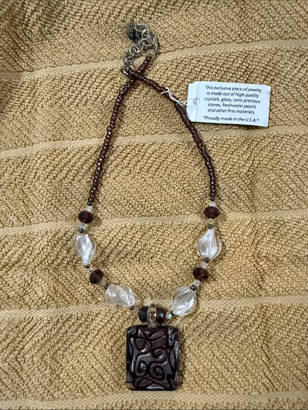 Handcrafted Brown & Clear Beaded Pendant Necklace